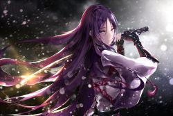 Rule 34 | 1girl, eien no juu nana-sai, fate/grand order, fate (series), floating hair, from side, gauntlets, hair between eyes, highres, holding, holding sword, holding weapon, japanese clothes, katana, kimono, long hair, looking at viewer, minamoto no raikou (fate), outdoors, purple eyes, purple hair, purple kimono, snowing, solo, sword, very long hair, weapon
