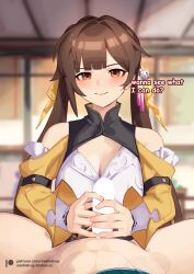 Rule 34 | 1boy, 1girl, bare shoulders, blank censor, blurry, blurry background, blush, breasts, brown eyes, brown hair, censored, cleavage, clothed male nude female, clothing cutout, commentary, english commentary, english text, flaccid, handjob, hetero, highres, honkai: star rail, honkai (series), long hair, looking at viewer, medium breasts, nashidrop, nude, paid reward available, patreon username, penis, pov, pov crotch, shirt, shoulder cutout, smile, sushang (honkai: star rail), two-handed handjob, white shirt