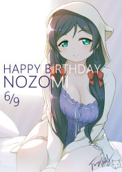 Rule 34 | 1girl, animal ears, animal hood, bed, between legs, black hair, blue eyes, blush, bow, breasts, character name, closed mouth, collarbone, dated, dress, hair bow, hand between legs, happy birthday, hood, hood up, hooded jacket, jacket, langbazi, large breasts, long hair, long sleeves, love live!, love live! school idol festival, love live! school idol project, on bed, open clothes, open jacket, pillow, purple dress, red bow, ribbon-trimmed dress, ribbon trim, signature, sitting, smile, solo, tojo nozomi, very long hair, white jacket
