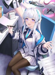 Rule 34 | 3girls, black gloves, blue archive, blue eyes, book, calendar (object), chair, gloves, halo, headphones, highres, id card, iroia, jacket, koyuki (blue archive), mechanical halo, multiple girls, necktie, noa (blue archive), off shoulder, open clothes, open jacket, pantyhose, pen, pink hair, sitting, solo focus, table, white hair, yuuka (blue archive)