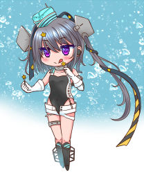 Rule 34 | 1girl, aqua hat, black footwear, black one-piece swimsuit, black ribbon, chibi, commentary request, competition swimsuit, full body, garrison cap, gloves, gradient background, grey eyes, grey hair, hair ornament, hair ribbon, hat, izumi shara, kantai collection, long hair, one-piece swimsuit, ribbon, rudder footwear, scamp (kancolle), short shorts, shorts, side ponytail, solo, star (symbol), star hair ornament, swimsuit, white gloves, white shorts