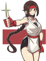 Rule 34 | 1girl, ;), absurdres, bike shorts, blush, braid, braided ponytail, brown hair, cowboy shot, dougi, fingerless gloves, gloves, grin, headband, highres, long hair, looking at viewer, masgamjya, one eye closed, red background, red headband, ryuuko no ken, smile, solo, standing, the king of fighters, thumbs up, two-tone background, white background, yuri sakazaki