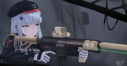 Rule 34 | 1girl, artist name, assault rifle, beret, black hat, blurry, blush, breasts, closed mouth, facial mark, fingerless gloves, girls&#039; frontline, gloves, green eyes, gun, h&amp;k hk416, hair ornament, hairclip, handgun, hat, highres, hk416 (girls&#039; frontline), holding, holding gun, holding weapon, jacket, lkovn956271, long hair, long sleeves, looking at viewer, medium breasts, military, open mouth, parted lips, rifle, signature, solo, teardrop, trigger discipline, uniform, upper body, weapon, white gloves