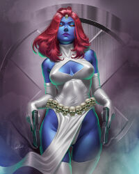 Rule 34 | 1girl, bare shoulders, blue skin, cleavage cutout, clothing cutout, colored skin, covered nipples, douglas bicalho, dual wielding, elbow gloves, gloves, gun, hair ornament, high collar, highres, holding, holding gun, holding weapon, leotard, long hair, looking at viewer, marvel, mystique, paid reward available, pelvic curtain, red hair, signature, skull belt, skull hair ornament, solo, thighhighs, weapon, white gloves, white leotard, white thighhighs, x-men, yellow eyes