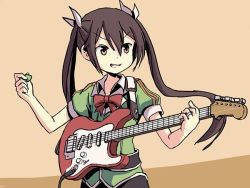 Rule 34 | 10s, 1girl, bow, bowtie, brown eyes, brown hair, electric guitar, guitar, hair ribbon, instrument, jewelry, kantai collection, long hair, open mouth, plectrum, ribbon, ring, sixten, smile, solo, tone (kancolle), twintails, upper body, wedding band