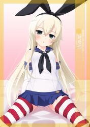 Rule 34 | 1girl, anchor hair ornament, black hairband, black neckerchief, blonde hair, blush, breasts, crop top, elbow gloves, gloves, grey eyes, hair ornament, hairband, highres, inaba shiki, kantai collection, long hair, looking at viewer, microskirt, miniskirt, neckerchief, one-piece swimsuit, open mouth, school swimsuit, school uniform, serafuku, shimakaze (kancolle), shirt, sitting, skirt, small breasts, solo, striped clothes, striped thighhighs, swimsuit, swimsuit under clothes, thighhighs, white gloves, white one-piece swimsuit
