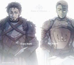 Rule 34 | 2boys, a song of ice and fire, animification, armor, black hair, blonde hair, cape, crossover, facial hair, game of thrones, jo (artist), male focus, marvel, multiple boys, mustache, name connection, steve rogers, tony stark