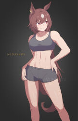 Rule 34 | 1girl, abs, animal ears, bare arms, bare shoulders, black background, black shorts, breasts, brown hair, commentary request, crop top, feet out of frame, hand on own hip, highres, horse ears, large breasts, long hair, midriff, mukakin, navel, red eyes, short shorts, shorts, sirius symboli (umamusume), solo, sports bra, standing, stomach, tail, thighs, umamusume, very long hair