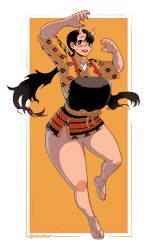 Rule 34 | 1girl, absurdres, armor, arms up, black eyes, black hair, dungeon meshi, fewer digits, full body, highres, horns, inutade, long hair, open mouth, orange background, risenart, sandals, shirt, short sleeves, simple background, sweatdrop, thighs, twintails, twitter username, very long hair, yellow shirt