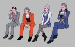 Rule 34 | 1girl, 23011620x, 3boys, ace attorney, ascot, black footwear, black gloves, black vest, blue jacket, blue skirt, boots, closed eyes, closed mouth, crossed arms, crossed legs, earrings, formal, franziska von karma, gem, glasses, gloves, grey background, grey hair, grey pantyhose, hair intakes, high heel boots, high heels, highres, jacket, jewelry, juliet sleeves, long sleeves, manfred von karma, miles edgeworth, mole, mole under eye, multiple boys, old, old man, pants, pantyhose, pencil skirt, phoenix wright: ace attorney, puffy sleeves, red jacket, red pants, red suit, shirt, shoes, short hair, simple background, sitting, skirt, smile, suit, vest, white shirt, winston payne
