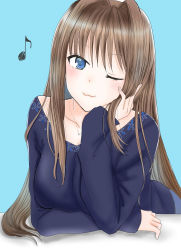 Rule 34 | 10131310, 1girl, :3, alternate costume, aozaki aoko, blouse, blue background, blue eyes, blue shirt, blush, breasts, brown hair, closed mouth, collarbone, commentary request, hair intakes, hand on own cheek, hand on own face, head rest, highres, large breasts, long hair, long sleeves, looking at viewer, mahou tsukai no yoru, musical note, one eye closed, shirt, simple background, solo, upper body, very long hair