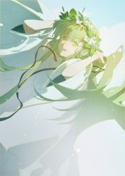 Rule 34 | 1other, ambiguous gender, androgynous, btong54240, chinese commentary, chinese text, enkidu (fate), fate/grand order, fate/strange fake, fate (series), feather boa, flower, green eyes, green hair, hair flower, hair ornament, hands up, head wreath, highres, light, long hair, looking at viewer, robe, sky, smile, solo, toga, type-moon, upper body, very long hair, wreath