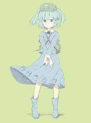 Rule 34 | 1girl, backpack, bag, blue eyes, blue hair, boots, dress, female focus, full body, green background, hair bobbles, hair ornament, hat, holding, kawashina (momen silicon), kawashiro nitori, key, matching hair/eyes, randoseru, rubber boots, screwdriver, simple background, smile, solo, standing, touhou, twintails, two side up