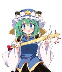 Rule 34 | 1girl, black skirt, blue eyes, blue hat, epaulettes, frilled hat, frills, green hair, hat, ichimura kanata, juliet sleeves, long sleeves, looking at viewer, open mouth, puffy sleeves, rod of remorse, shiki eiki, short hair, simple background, skirt, solo, touhou, upper body, white background, wide sleeves