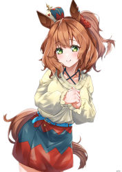 Rule 34 | 1girl, absurdres, animal ears, anrumi, artist name, aston machan (umamusume), belt, blush, clenched hands, closed mouth, crown, green eyes, green sweater, highres, horse ears, horse girl, horse tail, long sleeves, mini crown, puffy long sleeves, puffy sleeves, side ponytail, signature, simple background, skirt, smile, solo, sweater, tail, umamusume, white background