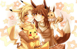 Rule 34 | 1boy, 1girl, blonde hair, blush, breasts, brown hair, closed mouth, creature, creature and personification, creatures (company), eevee, eevee ears, elbow gloves, frown, game freak, gen 1 pokemon, gloves, holding, holding pokemon, medium breasts, nintendo, on shoulder, personification, pikachu, pikachu ears, plaid, plaid skirt, pokemon, pokemon (creature), pokemon ears, pokemon on shoulder, skirt, sleeveless, smile, star (symbol), starry background, urusai-baka, yellow eyes