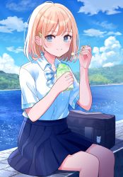 Rule 34 | 1girl, bag, bag charm, black skirt, blonde hair, blue bow, blue bowtie, blue eyes, blue sky, blush, bow, bowtie, charm (object), closed mouth, cloud, cloudy sky, collared shirt, commentary request, cup, day, dress shirt, food, green nails, hair ornament, hairclip, highres, holding, holding cup, holding spoon, lake, looking at viewer, medium hair, medium skirt, mizuki (lvo0x0ovl), nail polish, original, outdoors, plaid, plaid bow, plaid bowtie, pleated skirt, school bag, school uniform, shadow, shaved ice, shirt, shirt tucked in, short sleeves, sidelocks, sitting, skirt, sky, smile, solo, spoon, summer, sunlight, tree, white shirt, wing collar