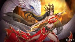 Rule 34 | 1girl, bare legs, black hair, blue eyes, cai lin (doupo cangqiong), doupo cangqiong, earrings, fire, highres, index fingers together, jewelry, long hair, navel, pointy ears, red skirt, skirt, snake, solo, strapless, sword, tube top, weapon, yuan lie