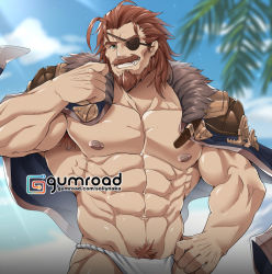 Rule 34 | 1boy, abs, alternate costume, armpit hair, bara, bare pectorals, beach, beard, body hair, brown eyes, brown hair, bulge, day, eugen (granblue fantasy), eyepatch, facial hair, fundoshi, granblue fantasy, jacket, jacket on shoulders, japanese clothes, large pectorals, male focus, male pubic hair, male underwear, muscular, muscular male, mustache, navel, nipples, outdoors, paid reward available, pectorals, pubic hair, paid reward available, short hair, sollyz, solo, stomach, sunlight, underwear, upper body, white male underwear