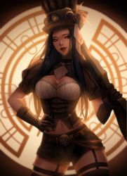 Rule 34 | 1girl, alternate costume, ascot, backlighting, belt, black choker, breasts, brown belt, brown gloves, brown hat, brown shorts, caitlyn (league of legends), choker, cleavage, clock, frills, garter straps, gloves, gun, hand on own hip, hat, highres, holding, holding gun, holding weapon, league of legends, long hair, looking at viewer, medium breasts, navel, puffy short sleeves, puffy sleeves, sella 423, short sleeves, shorts, smile, solo, steampunk, thighhighs, weapon, white ascot