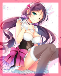 Rule 34 | 10s, 1girl, bow, breasts, choker, cleavage, clenched teeth, goma (11zihisin), green eyes, grin, hand on own chest, large breasts, long hair, looking at viewer, love live!, love live! school idol festival, love live! school idol project, maid headdress, one eye closed, purple eyes, smile, solo, sparkle, teeth, thighhighs, tojo nozomi, twintails