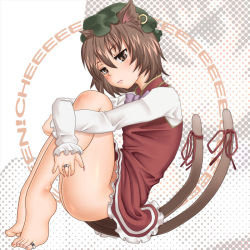 Rule 34 | 1girl, animal ears, bad hands, barefoot, bottomless, brown eyes, brown hair, cat ears, cat girl, cat tail, chen, earrings, female focus, hat, jewelry, kurone, hugging own legs, multiple tails, no panties, ribbon, ring, solo, tail, tail ornament, tail ribbon, thighhighs, toe ring, touhou