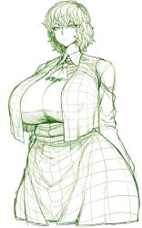 Rule 34 | 1girl, ascot, breasts, commentary request, cowboy shot, dress shirt, frown, highres, huge breasts, kazami yuuka, looking at viewer, monochrome, plaid, plaid skirt, plaid vest, shirt, short hair, skirt, solo, spacezin, touhou, vest, white background