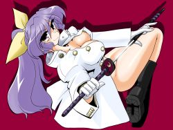 Rule 34 | 1girl, boots, bottomless, bow, breasts, cleavage, coat, female focus, full body, gloves, hair bow, kieyza, large breasts, long hair, no bra, open clothes, open coat, ponytail, purple hair, sheath, solo, sword, touhou, watatsuki no yorihime, weapon