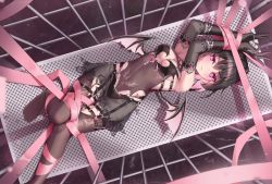 Rule 34 | 1girl, bare shoulders, black gloves, black hair, black thighhighs, bow, breasts, covered navel, demon girl, elbow gloves, fine fabric emphasis, garter straps, gem, gloves, horns, kira (kira78718520), long hair, lying, mini wings, multicolored hair, on back, original, pink bow, pink eyes, pink hair, pink horns, restrained, see-through, sidelocks, small breasts, solo, thighhighs, two-tone hair, wings