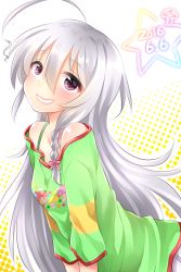 Rule 34 | 1girl, ahoge, arched back, blush, breasts, collarbone, commentary request, dated, food print, from side, green shirt, grey hair, grin, hair between eyes, hair spread out, halftone, halftone background, head tilt, hoshi syoko, huge ahoge, idolmaster, idolmaster cinderella girls, leaning forward, lips, long hair, long sleeves, looking at viewer, looking to the side, miniskirt, mushroom print, off-shoulder shirt, off shoulder, outline, pleated skirt, print shirt, purple eyes, shiny skin, shirt, shirt straps, shoulder blush, skirt, small breasts, smile, solo, teeth, trente, upper body, v arms, very long hair, white outline, yellow background