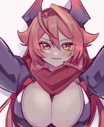 Rule 34 | 1girl, absurdres, between breasts, blush, breasts, cleavage, commentary request, cropped jacket, goddess of victory: nikke, hair between eyes, highres, horns, jacket, large breasts, leather, leather jacket, long hair, long sleeves, looking at viewer, mechanical horns, miko (uuua12u), parted lips, pov, red hair, red hood (nikke), red scarf, scarf, sidelocks, simple background, solo, standing, strap between breasts, suspenders, unzipped, upper body, white background, yellow eyes