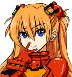 Rule 34 | 00s, 1girl, bad id, bad pixiv id, blue eyes, bodysuit, evangelion: 2.0 you can (not) advance, finger to mouth, hair ornament, long hair, multicolored clothes, neon genesis evangelion, orange hair, plugsuit, rebuild of evangelion, silent sakia, smile, solo, souryuu asuka langley, test plugsuit, upper body