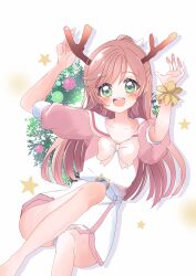 1girl blush bowtie christmas christmas_wreath fake_antlers green_eyes hair_bun hirogaru_sky!_precure irastmanaby long_hair nijigaoka_mashiro open_mouth panties pink_bow pink_bowtie pink_hair precure single_hair_bun smile solo star_(symbol) two-tone_dress underwear white_panties wreath