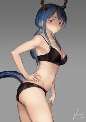 Rule 34 | 1girl, arknights, artist name, bare arms, bare shoulders, black bra, blue hair, bra, breasts, ch&#039;en (arknights), cleavage, collarbone, commentary, cowboy shot, dated, dragon horns, dragon tail, grey background, horns, long hair, looking at viewer, medium breasts, nashidrop, navel, red eyes, sidelocks, signature, solo, standing, stomach, tail, thighs, underwear, underwear only