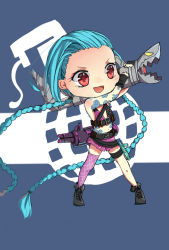 Rule 34 | 1girl, amiemie, blue hair, boots, braid, chibi, gloves, hairline, highres, jinx (league of legends), league of legends, pink eyes, tattoo, thighhighs, twin braids, weapon