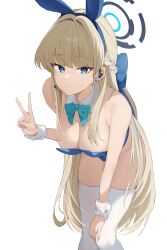 Rule 34 | 1girl, absurdres, animal ears, bare shoulders, blonde hair, blue archive, blue bow, blue eyes, blue hairband, blue leotard, bow, bowtie, braid, breasts, cleavage, closed mouth, detached collar, earpiece, earrings, fake animal ears, hairband, halo, hand on own knee, highleg, highleg leotard, highres, jewelry, leaning forward, leotard, long hair, medium breasts, microphone, official alternate costume, official alternate hairstyle, playboy bunny, rabbit ears, seya 0517, simple background, solo, stud earrings, thighhighs, thighs, toki (blue archive), toki (bunny) (blue archive), v, very long hair, white background, white thighhighs, wrist cuffs