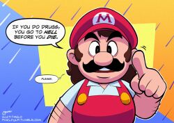 Rule 34 | 1boy, brown hair, facial hair, hat, letitmelo, looking at viewer, lou albano, male focus, mario, mario (series), mario day, mustache, nintendo, overalls, pointing, speech bubble, standing, talking, the super mario bros. super show!, upper body, walking