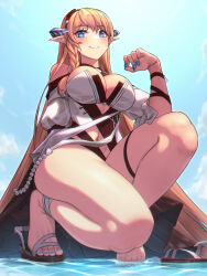 Rule 34 | 1girl, arknights, bare shoulders, barefoot, blue eyes, blue nails, blue sky, blush, braid, breasts, cloud, cloudy sky, commentary request, day, eyelashes, feet, full body, hairband, hand up, heel up, highres, impossible clothes, knee up, large breasts, light brown hair, long hair, looking at viewer, nail polish, navel, outdoors, paid reward available, pointy ears, saileach (arknights), sandals, shirt, single sandal, sky, smile, solo, squatting, thighs, toenail polish, toenails, toes, very long hair, wading, white shirt, yamauchi (conan-comy)