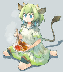 Rule 34 | 1girl, akitsu taira, animal ears, barefoot, blue eyes, cow ears, cow girl, cow tail, curry, dress, earrings, food, green eyes, green hair, grey background, horns, jewelry, matching hair/eyes, meat, monster girl, original, rice, short hair, shorts, shorts under dress, shorts under skirt, simple background, sitting, smile, solo, spoon, tail, wariza