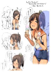 Rule 34 | 10s, 1boy, 1girl, bare shoulders, blush, brown eyes, brown hair, closed eyes, fingering, food, french kiss, hetero, i-401 (kancolle), ice cream, kantai collection, kiss, licking, licking another&#039;s neck, one-piece swimsuit, open mouth, ponytail, sailor collar, school swimsuit, school uniform, serafuku, shiden (sashimi no wife), short hair, short ponytail, swimsuit, swimsuit under clothes, tan, translation request, trembling