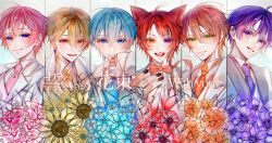 6+boys ahoge animal_ears bimigohan16 blonde_hair blue_eyes blue_flower blue_hair bouquet cat_ears colon_(stpri) english_text flower green_eyes hair_between_eyes heterochromia highres holding holding_bouquet jel_(stpri) multiple_boys nanamori_(stpri) orange_eyes orange_flower orange_hair pink_flower pink_hair purple_eyes purple_flower purple_hair red_flower red_hair rinu_(stpri) root_(stpri) satomi_(stpri) short_hair strawberry_prince sunflower yellow_flower