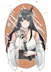 Rule 34 | 1girl, 2 (f211m289), absurdres, black hair, bouquet, breasts, commentary request, cropped torso, detached sleeves, flower, fusou (kancolle), hair ornament, headgear, highres, holding, kantai collection, large breasts, long hair, looking at viewer, red eyes, solo, straight-on