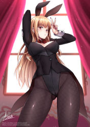 Rule 34 | 1girl, adsouto, animal ears, arm up, black leotard, black pantyhose, blonde hair, bow, bowtie, breasts, cleavage, closed mouth, contrapposto, cowboy shot, detached collar, highleg, highleg leotard, highres, kitagawa marin, large breasts, leotard, long hair, long sleeves, looking at viewer, nail polish, pantyhose, playboy bunny, purple nails, rabbit ears, red bow, red bowtie, red eyes, signature, solo, sono bisque doll wa koi wo suru, standing, straight hair, very long hair, watermark, web address