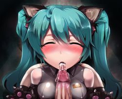 Rule 34 | 00s, 1boy, 1girl, animal ears, aqua hair, blush, breasts, censored, closed eyes, cum, cum in mouth, drooling, erection, fang, fellatio, hatsune miku, hetero, highres, long hair, mosaic censoring, open mouth, oral, panties, penis, saliva, silly (marinkomoe), striped clothes, striped panties, teeth, tongue, twintails, underwear, upper body, vocaloid