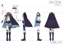 Rule 34 | 1girl, armband, asymmetrical legwear, belt, beret, blue shorts, boots, buttons, cape, character sheet, epaulettes, from behind, from side, hat, high heel boots, high heels, highres, hime hina channel, leg strap, long hair, midriff, mismatched legwear, multiple views, nail polish, navel, shorts, shugao, sleeveless, suspender shorts, suspenders, suzuki hina, tassel, thigh strap, virtual youtuber