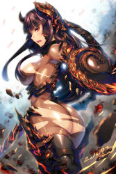 Rule 34 | 10s, 1girl, 2016, armor, armored boots, ass, black hair, blunt bangs, bodysuit, boots, breasts, censored, cowboy shot, dated, debris, dragon print, dust, ecell, glowing, glowing sword, glowing weapon, gluteal fold, gorget, hair over breasts, headgear, hime cut, holding, holding sword, holding weapon, large breasts, light particles, long hair, looking at viewer, looking back, mabinogi, mabinogi heroes, motion blur, open mouth, profile, red eyes, shiny clothes, sideboob, solo, sword, thigh boots, thighhighs, torn bodysuit, torn clothes, underbust, weapon
