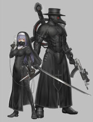 Rule 34 | 1boy, 1girl, armor, assault rifle, bag, black dress, black footwear, black gloves, black headwear, black robe, breasts, capelet, chain, commentary request, covered navel, cross, cross necklace, cross print, dagger, dress, garter straps, gas mask, gloves, grey background, gun, habit, handgun, hat, height difference, highres, hiyashiru, holding, holding dagger, holding gun, holding knife, holding sword, holding weapon, impossible clothes, jewelry, juliet sleeves, katana, knife, large breasts, long sleeves, looking at viewer, looking to the side, magazine (weapon), mask, necklace, nun, original, plague doctor, plague doctor mask, puffy sleeves, purple hair, respirator, rifle, robe, shoulder bag, side slit, skin tight, standing, sword, thighhighs, trigger discipline, unsheathed, weapon, weapon request, yellow eyes