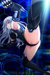 Rule 34 | 10s, 1girl, armpits, bare shoulders, black gloves, black heart (neptunia), black thighhighs, blue eyes, breasts, cleavage, closed mouth, elbow gloves, eyebrows, foreshortening, gloves, high kick, highres, kicking, large breasts, leg up, leotard, long hair, neptune (series), noire (neptunia), oekakizuki, partially visible vulva, serious, silver hair, solo, split, spread legs, standing, standing on one leg, symbol-shaped pupils, thighhighs, thighs