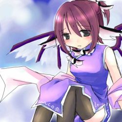 Rule 34 | 1girl, asahina, bare shoulders, black eyes, black thighhighs, blush, china dress, chinese clothes, dress, female focus, gradient background, lowres, mystia lorelei, outdoors, red hair, sad, sky, solo, thighhighs, touhou, wings