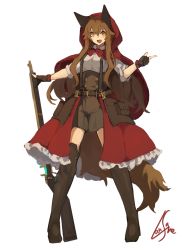 Rule 34 | 1girl, :d, animal ears, belt, boots, bow, bowtie, brown eyes, brown footwear, brown gloves, brown hair, brown skirt, collared shirt, fingerless gloves, full body, gloves, gun, hair between eyes, high-waist skirt, highres, holding, holding gun, holding weapon, index finger raised, lansane, legs apart, long hair, looking at viewer, open clothes, open mouth, open skirt, orange eyes, original, red bow, red bowtie, red skirt, rifle, shirt, signature, simple background, skirt, sleeves rolled up, smile, solo, standing, tail, thigh boots, thighhighs, tsana (lansane), weapon, white background, white shirt, wing collar, wolf ears, wolf tail